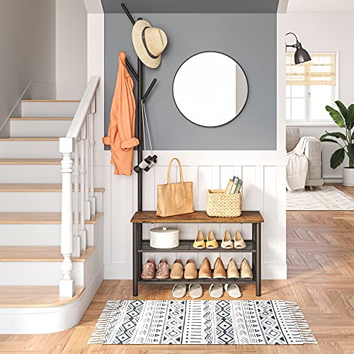 HOOBRO Coat Rack Shoe Bench, 3-Tier Shoe Rack, Industrial Shoe Organizer Storage Bench, Entry Bench with Mesh Shelves, for Entryway, Living Room, Hallway, Easy Assembly, Rustic Brown BF12HX01