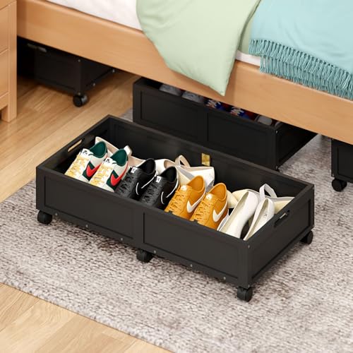 WISUCART Wood Under Bed Storage Containers Underbed Organizer with Wheels Sturdy Wood Rolling Under Bed Shoe Storage Organizer 2 Packs (Black, Large) - color: Black