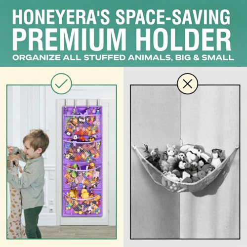 Honeyera Plush Storage (Patent Pending) - Plush Hammock Net Over Door Organizer for Stuffies, Baby Accessories, Toy/Hammock Hanging Storage Big Girls Toddler Large Bag Animals (Purple) - color: Purple