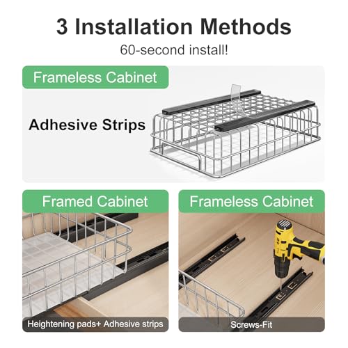 Pull out Cabinet Organizer, Stainless Steel 2-Pack Slide out Drawer with Silent Full-Extension Slides, Adhesive Roll out Can Spice Storage Basket Shelf Rack for Pantry, Kitchen, Bathroom, Home Closet