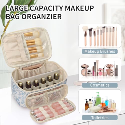 OCHEAL Makeup Bag, Multifunctional Make Up Bags Large Compact Makeup Bag Organizer Cosmetics Toiletry Brushes Storage Case for Women Girls Makeup Case with Handle Divider-Floar - color: 0020 Floral with front pocket, size: Medium