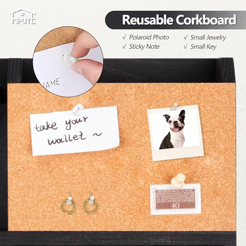 Key Holder for Wall Mount with Mail Organizer, Farmhouse Key Holder for Wall with Shelf, Chalkboard&Corkboard, Entryway Organizer 11 Metal Hooks, Decorative Natural Pine Wood, 14.6*11.1*3.3”, B-Black - color: Black-b