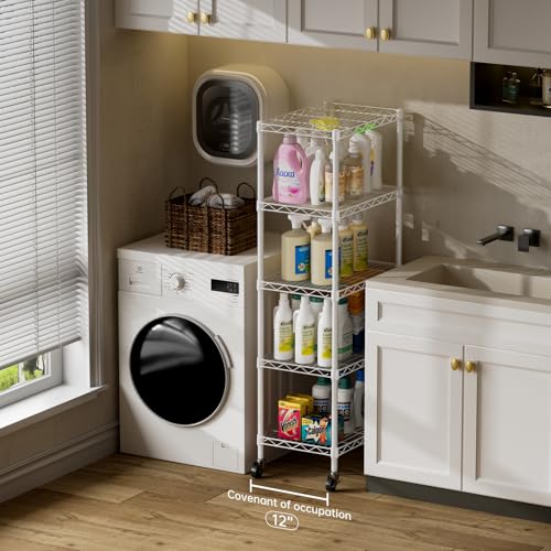 SINGAYE 6 Small Shelf Storage Wire Shelves Closet Bathroom Organizers Metal Pantry Kitchen Garage Shelving Unit Laundry Room Organization Home Narrow Rack Net Basket with Wheels White - color: White, size: 5Tier/11.5"D X 17.5"W X 57"H