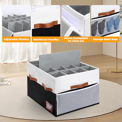 Supowin Shoe Organizer for Closet, Foldable Shoe Storage Bins with Lid & Adjustable Dividers, Fabric Shoe Box Storage Containers with Four Reinforced Handles, Fits 16 Pairs, 1 Pack, Black & White - color: Black & White, size: 21"L x 17"W x 13"H