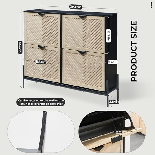 Shoe Cabinet Storage with 4 Flip Drawers, Narrow Hidden Shoes Organizer Cabinet for Entryway, Freestanding Slim Shoe Rack Front Door Entrance(Oak&Black) - color: Oak&black, size: Large