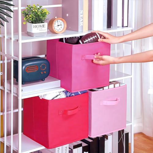 Karenhi 11" x 10. 5" x 10. 5" Pink Storage Cube, 6 Pack Fabric Cube Storage Bins Organizer Box, Collapsible Baskets with Handles Foldable Shelf for Cloth Toys Home Room Closet, Pack of 6 - color: Pink