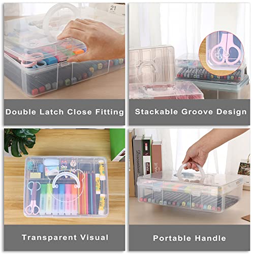 BTSKY 2-Tier Cute Bear Storage Box with Removable Divided Tray Portable Clear Plastic Art Craft Supply Organizer Stackable Home Office Supplies Storage Container for Pens Notes A4 papers etc (Clear) - color: Clear
