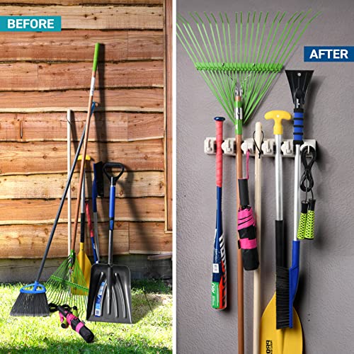 HOME IT Mop And Broom Holder Wall Mount - Garage Storage Systems with 5 Slots, 6 Hooks, 7.5lbs Capacity Per Slot - Garden Tool Organizer For Home, Kitchen, Closet, Garage, Laundry Room - Off-White - color: Off-White, size: 1 Pack 5-position, 6-Hooks
