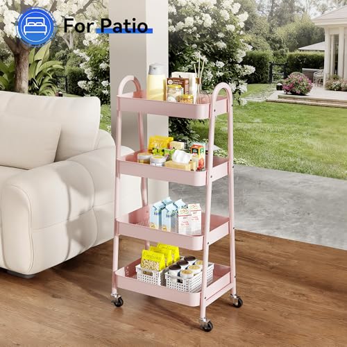 NEWBULIG 4-Shelf Rolling Utility Cart with Locking Wheels, Slim Metal Mobile Storage Organizer Shelf for Small Spaces, Bathroom, Living Room, Pink - color: Pink, size: 4-Tiers