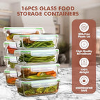Razab 16 Pc (Set of 8) 30 Oz Glass Meal Prep Containers with Lids, Airtight Large Glass Food Storage Containers, Reusable Leak Proof BPA Free, Freezer to Oven and Dishwasher Safe - color: Green