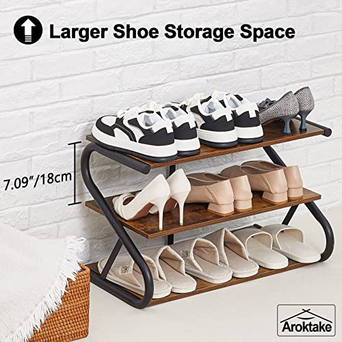 3-Tier Shoe Rack, Wooden Shoe Storage with S Shape Heavy Duty Metal Free Standing, Shoe Organizer Shelf for Entryway, Living Room, Closet, Bedroom (Rustic) - size: 11.81 x 25.78 x 15.86 Inches