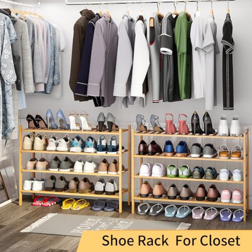 Long Shoe Rack, 4-Tier Bamboo Stackable Shoe Shelf Storage Organizer, Shoe Stand for Closet, Entryway and Hallway - color: Natural, size: 4-Tier-Long