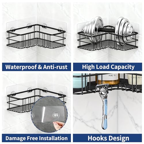 Menbyci Black Shower Caddy Corner Bathroom Shower Shelf, Rust Proof Bathroom Organizer Accessories, Adhesive Shower Basket Storage Rack Shampoo Holder Wall Organization, 2 Pack - color: Black, size: 2 packs