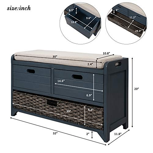 Fully Assembled Storage Bench - Solid Acacia Wood Shoe Organizer with 2 Drawers & Removable Rattan Basket, Rustic Hallway Seating (Navy) - color: Navy