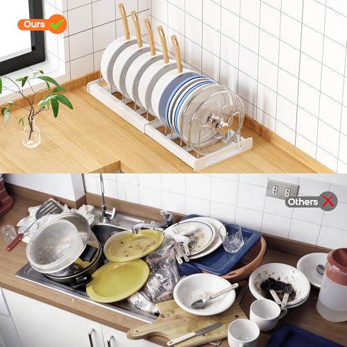 Nigelia 2 Pack Pots and Pans Organizer for Under Cabinet, 22" Expandable Food Storage Container Lid Organizers with 10 Adjustable Dividers Pot Lid Holders Rack Inside Cabinet&Kitchen Countertop(White) - size: 2 Pack