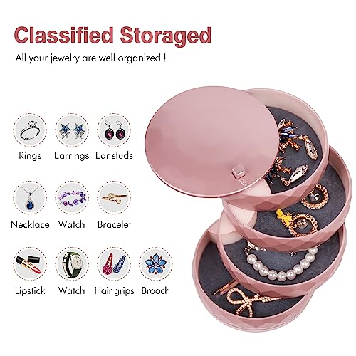 CONBOLA Travel Jewelry Case Box, Small Jewelry Organizer Earring Holder for Women, 5-Layer Rotating Jewelry Storage Tray with Lid for Bracelets Rings Bracelets - color: rose
