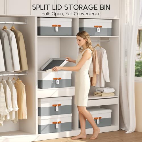 Homsorout Extra Large Storage Bins - 2 Pack Closet Storage Boxes with Double-Open Lid & Divider Board, Stackable Colthes Storage Organizer, Fabric Basket with Label Tag for Home, Laundry - color: white with grey, size: 2 Pack
