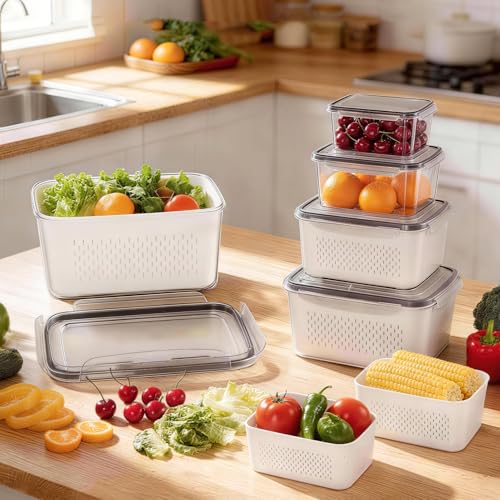 6 PCS Fruit Storage Containers for Fridge with 6 Removable Colanders, BPA Free Fruit Containers for Fridge, Dishwasher & Microwave Safe Produce Containers Keep Fruits, Vegetable, Berry Fresh Longer - color: 6PCS White