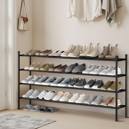 STORAGE MANIAC Long Expandable Shoe Rack, 24 Pairs Metal Wide Stackable Shoe Rack, Adjustable Shoes Shelf, Freestanding Shoes Organizer for Closet, Entryway, Hallway, Garage, Front Door, 4 Tiers - size: 4-tier