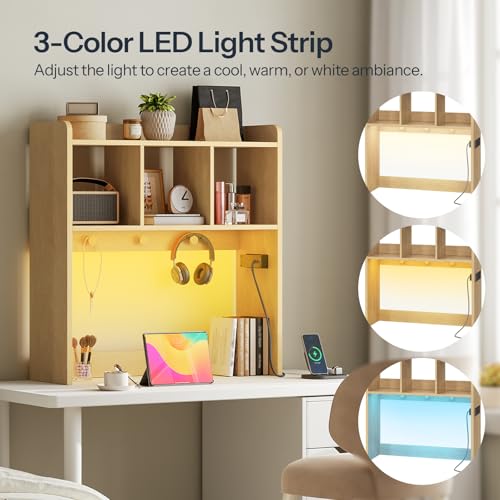 HOOBRO Desktop Bookshelf, Office Desktop Shelf, Desk Hutch with Outlets, Wooden Office Desktop Bookcase, Desktop Organizer Shelf with LED Light Strip and 3 Hooks, for Home, Study, Natural NL12UDSJ01 - color: Natural