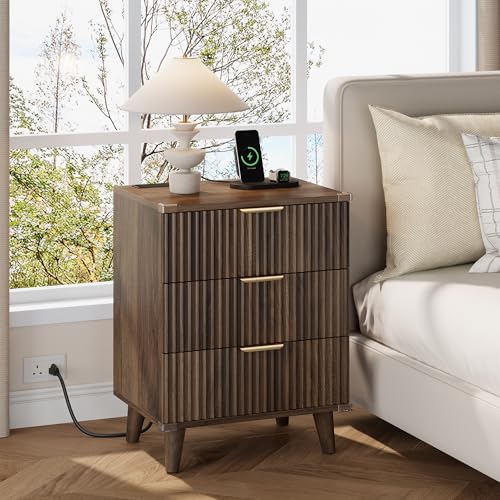 Lulive Wood Nightstand Set of 2 with Charging Station, 3 Drawers Fluted Design, Modern End Table for Bedroom Walnut - color: Walnut, size: 3 Drawers-Set of 2 Nightstand