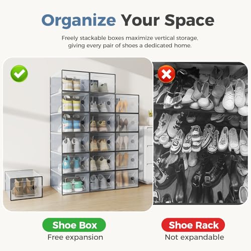 DUMOS Clear Shoe Storage Boxes, 15-Pack Plastic Stackable Shoe Containers with Lids, Display Sneaker Case Organizer for Closet, Under Bed, Entryway,Black (Fit Size 9)