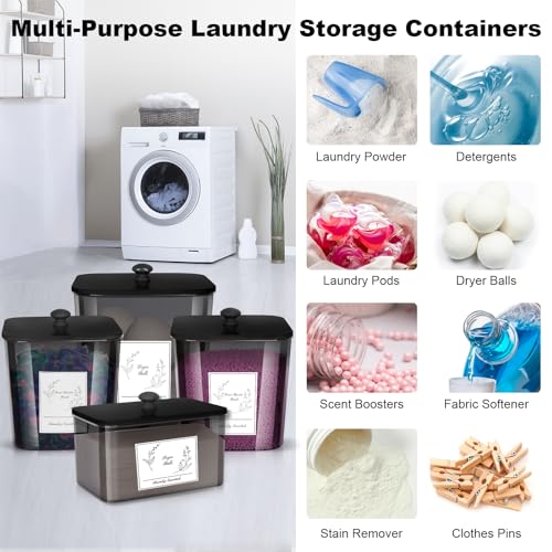 Zingbee 4 Pack Laundry Detergent Containers & Dryer Sheet Holder with Black Lids, Scoops & Labels - Plastic Laundry Organizer and Storage Jars for Pods, Detergent, Scent Booster - color: Clear Grey-2