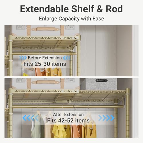 VIPEK X3 Expandable Heavy Duty Clothes Rack Adjustable from 5'2" to 8' with Adjustable Shelves and Hanger Rods, Large Freestanding Clothing Racks Reach-in & Walk-in Closet, Max Load 1210LBS, Gold - color: Gold, size: X3