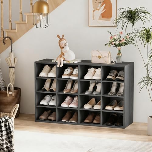 Garden 4 you Shoe Storage Bench, Cubby Shoe Rack with 16 Cubbies, 4-Tier Wood Shoe Rack Organizer, Shoe Organizer Cabinet for Entryway, Hallway, Closet and Garage, Black - color: Black, size: 16-cube