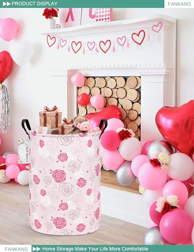 FANKANG Storage Basket, Nursery Hamper Canvas Laundry Basket Foldable with Waterproof PE Coating Large Storage Baskets for Kids Boys and Girls, Office, Bedroom, Clothes,Toys(Pink roses) - color: Pink roses