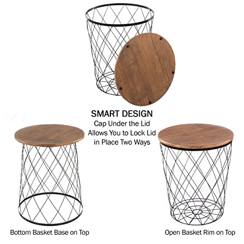 End Tables Set of 2 - Nesting Tables with Removable Wood Tops and Metal Basket Bases for Blanket Storage - Round Side Furniture for Living Room, Bedroom, or Home Office by Lavish Home (Brown) - color: Black Diamond
