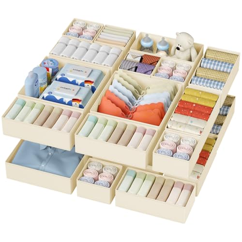 DIMJ Drawer Organizer Clothes - 20 Pack Closet Drawer Organizer Bins for Baby Clothes Storage, Fabric Dresser Organizer for Nursery Bedroom, Foldable Small Drawer Dividers for Underwear Socks - color: Beige, size: 20 Pack