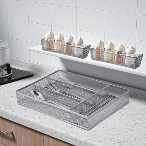 Neudeco Drawer Organizer Set 5 Pack - 4-Compartment Silverware Organizer Tray + 4 Utensil Trays, Kitchen Drawer Organizer for Flatware, Cutlery, Office Supplies, Silver Mesh, Non-Slip,Silver - color: Silver-5 pack