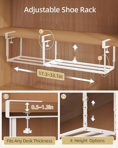 2 Pack Expandable Shoe Rack Organizer for Cabinet, Adjustable Hanging Under Shelf Storage, Sturdy Round Tube Design, Space Saving Shoe Shelf for Closet, Entryway, Laundry Room, White - color: White