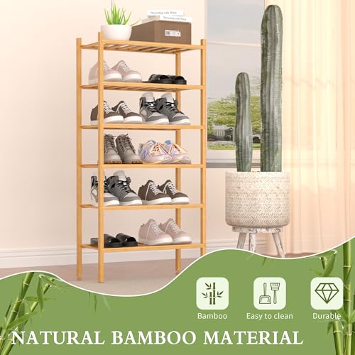 ROMGUAR CRAFT 6-Tier Bamboo Small Shoe Rack, Free Standing Wood Shoe Shelf Storage Organizer for Closet Entryway Stackable (Natural) - color: Natural, size: 6-Tier(Small)