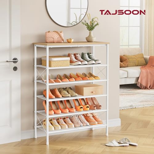 Tajsoon 6 Tier Shoe Rack Organizer for 20-24 Pairs of Shoes, Metal Mesh Shoe Shelf for Closet, Industrial Shoe Rack for Entryway Shoe Storage with X Shape Fixed Frame, White & Log - color: White & Log, size: 6-Tier