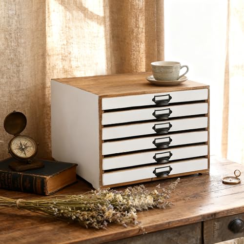Vintage Wooden Desktop Organizer Cabinet with 6-Drawer Rustic Wood Shelf Drawer Antique Card Catalog Cabinet Distressed Decor Jewelry Cosmetics Craft Paper Storage Box for Home Office (White) - color: White