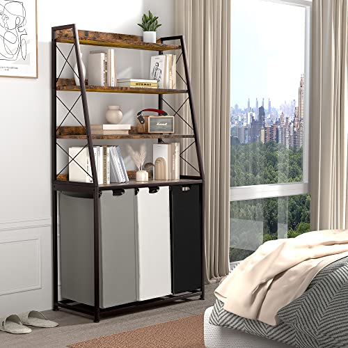 Herture Laundry Basket, 3 Section Laundry Hamper with 4 Tiers Shelf, Pull-Out and Removable Laundry Bags, Large 3 x 15.87 Gallons, for Laundry Room Bathroom Rustic Brown PF05XLN - color: Rustic Brown + 3-Color, size: 3 Bags-180 L