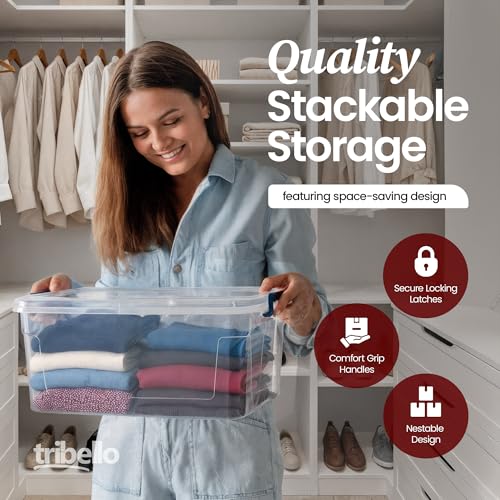 Tribello Plastic Storage Bins with Lids, Clear Stackable Storage Containers - 21 Qt