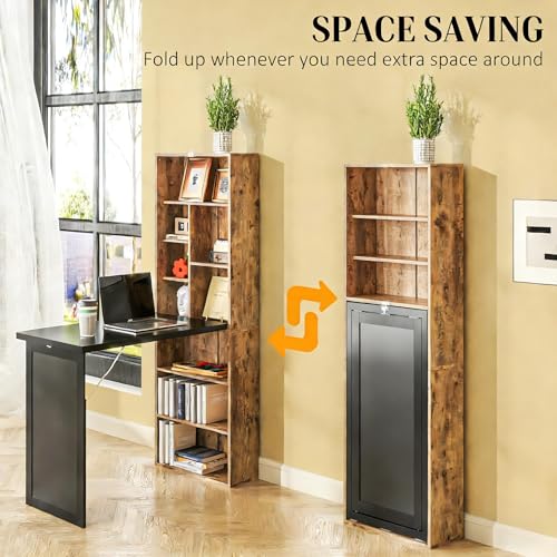Folding Writing Desk with Storage Shelves, Fold Out Convertible Wall Mounted Table with Blackboard, Foldable Computer Murphy Desk for Small Spaces,Home Office (Natural) - color: Natural