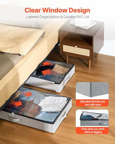 VEVOR Under Bed Storage with Clear Lids, 33.5 x 16.9 x 4.7 Inch, 45L Large Underbed Clothes Storage Containers, Low Profile Under Bed Drawer Shoe Organizer Bins Box for Blanket Shoe Bedroom, 2 Pack - style: B