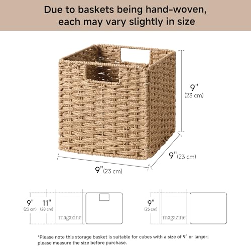 StorageWorks 9 inch Wicker Storage Cubes, Handwoven Wicker Baskets for Storage, Square Cube Organizer Bins, Foldable Paper Rope Basket for Organizing, Natural, 2 Pack - color: Natural, size: 9"L x 9"W x 9"H