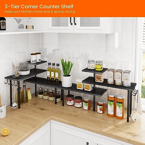 Homode Bathroom Counter Organizer Corner Shelf, Kitchen Countertop Organizer, 3 Tier Wood Counter Shelf Stand for Over The Sink, Coffee Station, Desktop, Black - color: Black, With Hooks