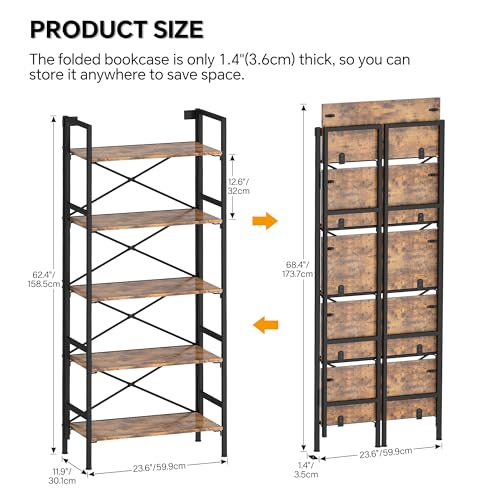 Homeiju Folding Bookshelf,5 Tier Bookcase Foldable Shelf with X-Bracket Design, Adjustable Feet, Space Saving Storage for Living Room, Office, Rustic Brown - color: Rustic Brown, size: 5 Tier
