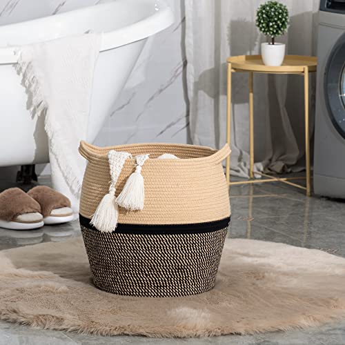 KAKAMAY Woven Baskets for Storage(17"x17"),Large Cotton Rope Woven Baby Laundry Hamper,Collapsible Laundry Basket, Blanket Basket for Organizing Living Room,Nursery,Clothes,Toy chest (Black) - color: Black