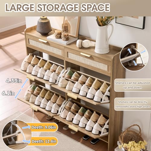 Rattan Shoe Storage Cabinet with 4 Flip Drawers & 2 Drawers, Freestanding Organizer for Front Door Entrance, Hidden Narrow Shoe Rack Cabinet Storage for Entryway, Rustic Oak Rattan - style: 4-Drawers