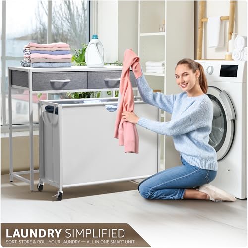 Sorbus 3 Section Laundry Hamper with Shelf and 2 Drawers for Laundry Room Organization, Laundry Basket with Wheels, Rolling Laundry Hamper, Laundry Sorter for Optimal Storage and Organization (White) - color: White