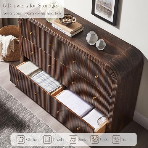 T4TREAM Fluted Dresser for Bedroom with 6 Drawers, 54" Wide Modern Chest of Drawers with Thickened Curved Profile Design, Wood Dressers TV Stand for Bedroom, Living Room, Hallway, Dark Walnut - color: Dark Walnut, size: 15.75"D x 54"W x 36"H(6 Drawers)