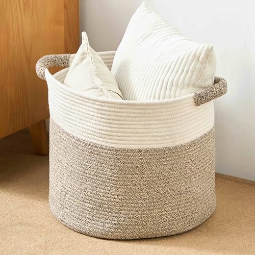 Blanket Basket - Woven Round Rope Storage Basket (16"Wx14"H) for Blankets & Throws, Small Laundry & Toy Organizer, Decorative Living Room & Bedroom Cotton Basket - White & Brown - color: White & Brown, size: Regular-16"Wx14"H