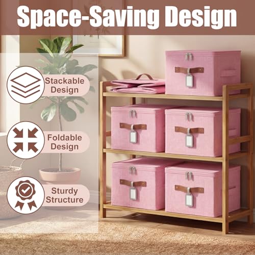 6 Pack Fabric Closet Storage Bins with Zipper Lids and Label, 10×8×7In Large Size Foldable Cotton Linen Storage Cubes Boxes with PU Leather Handles Holders for Bedroom, Nursery, Pink - color: Pink, size: 10×8×7in